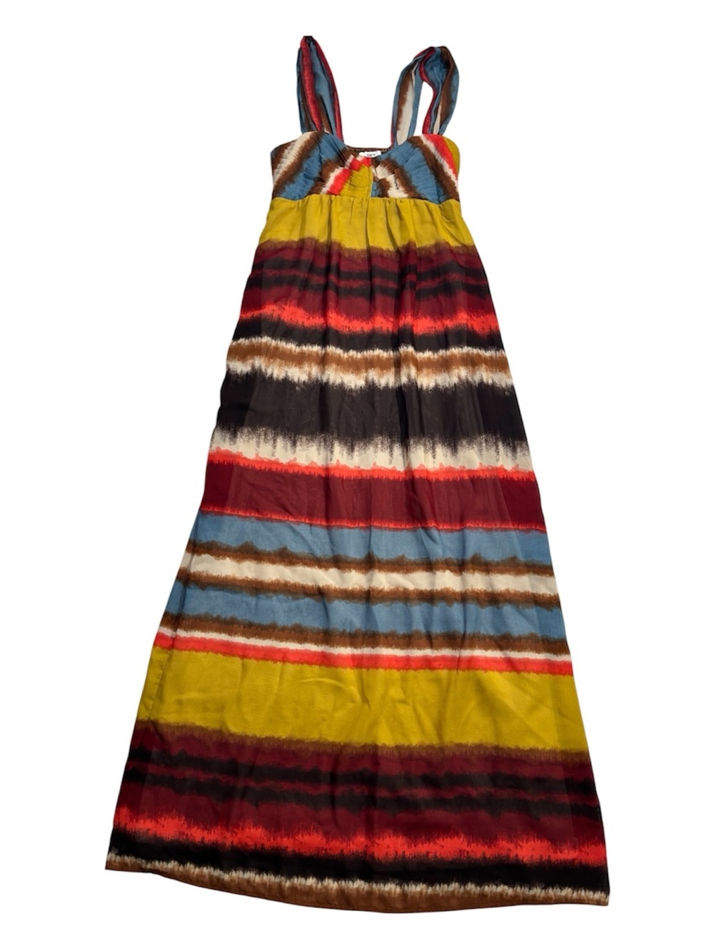 Bar III Yellow, Red, Blue & Brown Striped Maxi Dress, Large, Chiffon